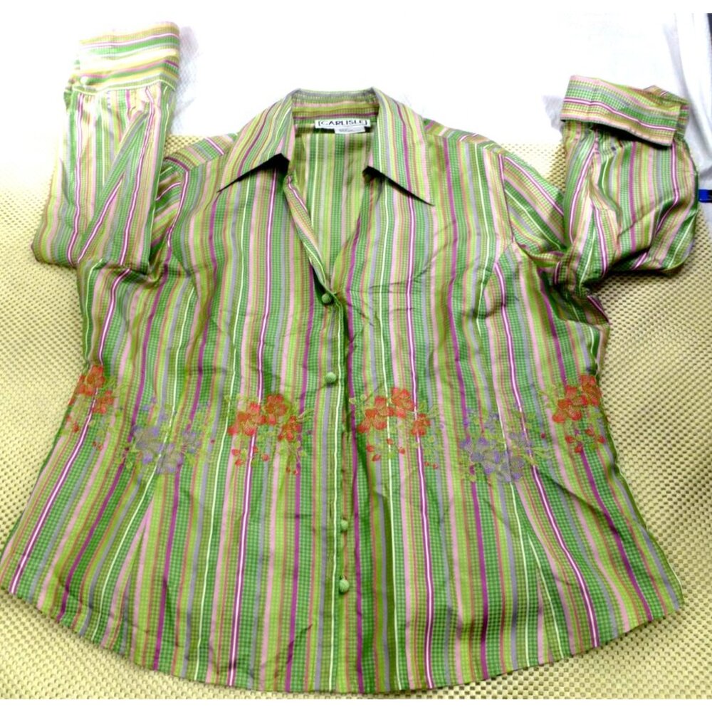 Carlisle Womens 100% Silk Striped Floral Embroidered Button-Up Shirt Green Pink
